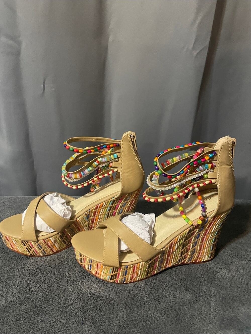 Tan Beaded Ankle-Wrap Wedge Sandals
